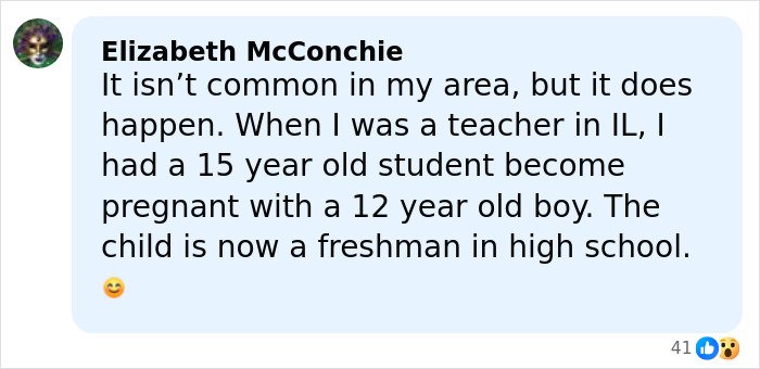 Screenshot of a Facebook comment discussing a 15-year-old getting pregnant with a 12-year-old’s child and family impact.