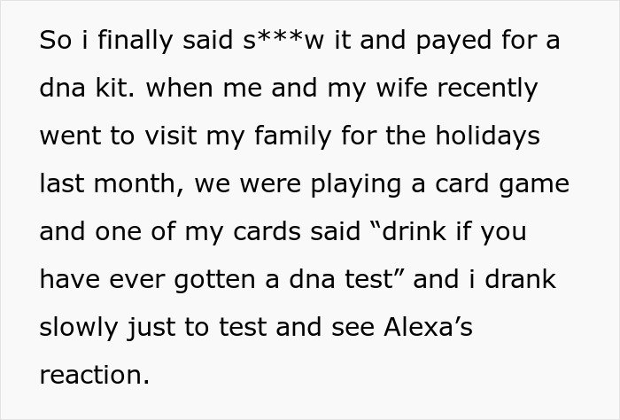 Text about paying for a DNA kit despite mom’s opposition, testing her reaction with a card game prompt.