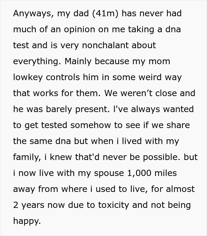 Text discussing a daughter wanting a DNA test despite her mom being strongly against it and controlling family dynamics.