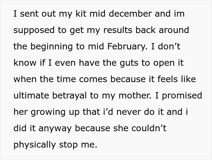 Text about sending DNA test kit, worried about opening results due to mother's strong opposition to daughter getting DNA test.