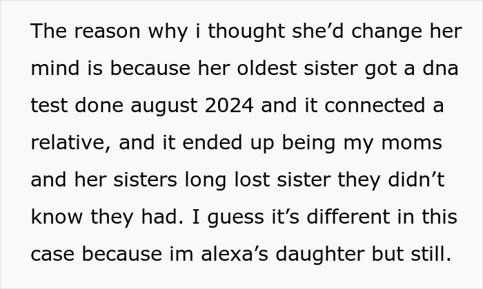 Text excerpt about a mom opposing her daughter getting a DNA test, despite family discoveries from DNA testing.