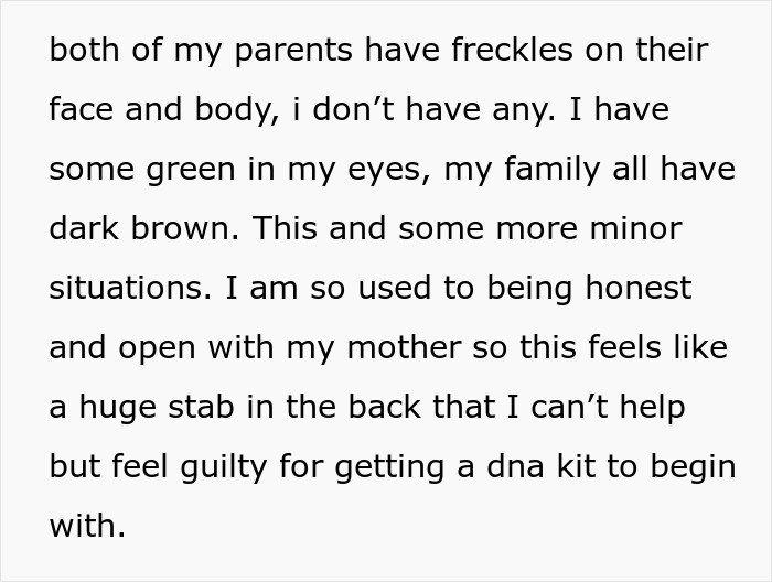 Text about daughter noticing family traits differences, feeling betrayed by mom’s strong opposition to a DNA test request.