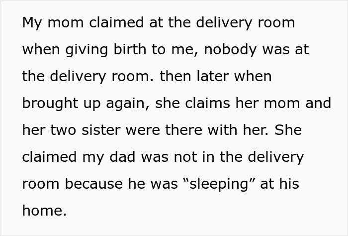 Text discussing a mom’s conflicting claims about the delivery room and resistance to daughter taking a DNA test.
