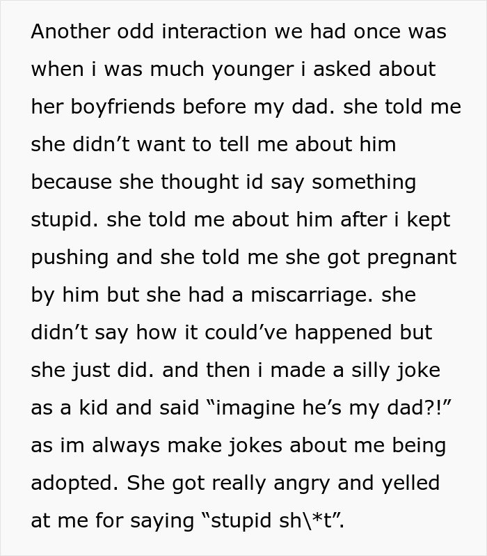 Daughter recalls awkward talk with mom about boyfriends and miscarriage, sparking tension over DNA test curiosity.