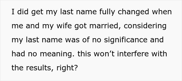 Text message discussing concerns about name change and its impact on DNA test results involving mother and daughter conflict.