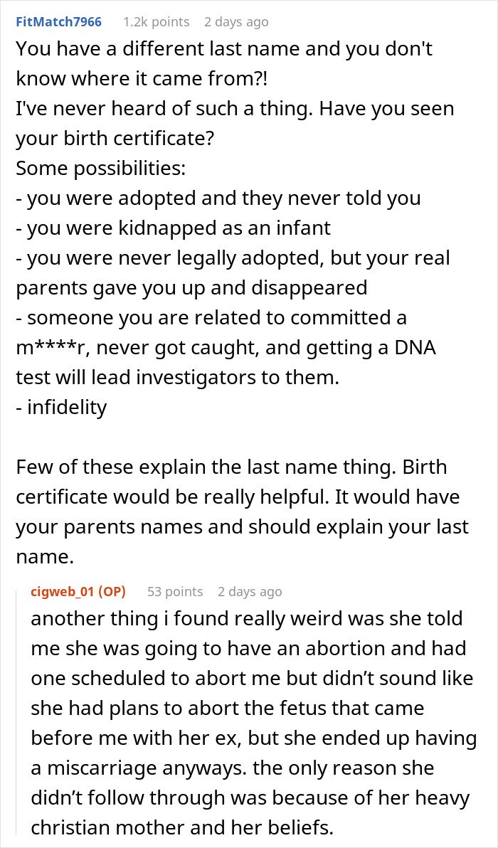 Reddit discussion about family mysteries and DNA test doubts with a mom strongly against daughter getting a DNA test.