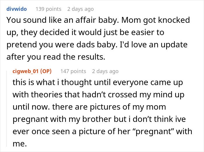 Text conversation discussing a mom’s denial leading to increased interest in a daughter’s DNA test results.