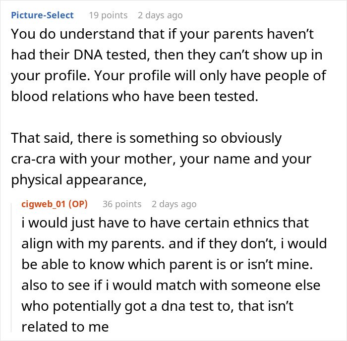 Text conversation about concerns and dilemmas surrounding DNA tests between a mother and daughter on social media.