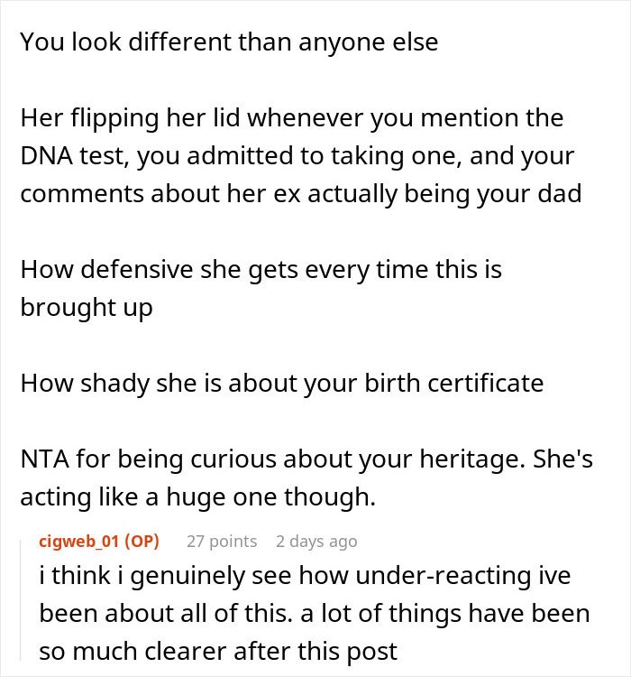 Text conversation discussing a mom’s strong reaction against her daughter getting a DNA test and related family issues.