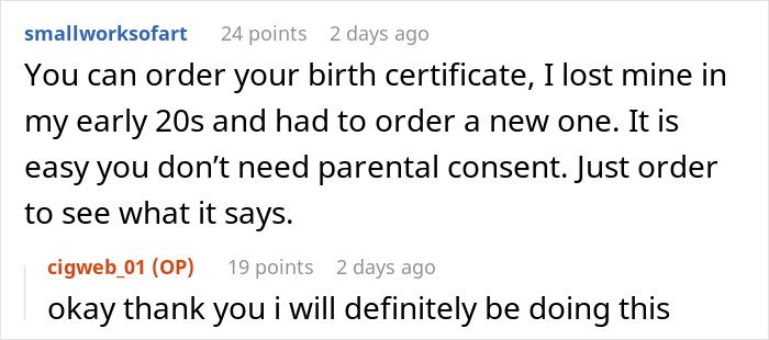 Text comment conversation about ordering a birth certificate without parental consent to confirm identity before a DNA test.