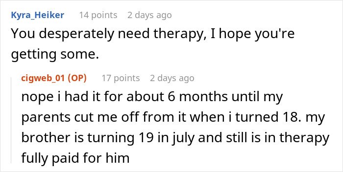 Text conversation showing a daughter discussing therapy and parents cutting her off amid DNA test conflict concerns.