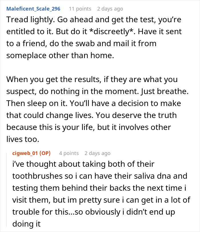 Reddit comments discussing the conflict over a daughter’s DNA test and discreet methods to obtain saliva samples.