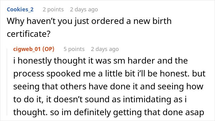 Online forum conversation showing a discussion about concerns and decisions regarding DNA testing and birth certificates.