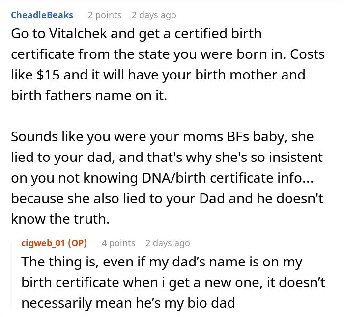 Text conversation discussing a mom opposing her daughter’s DNA test, increasing the daughter’s desire to get one.