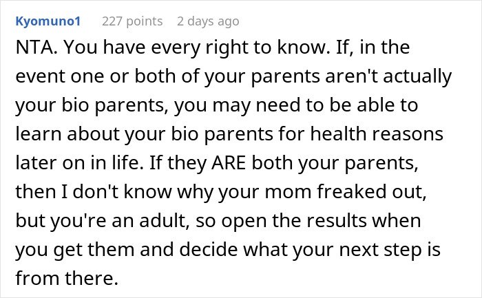 Comment discussing a daughter’s right to know her biology and her mother’s disapproval of a DNA test decision.