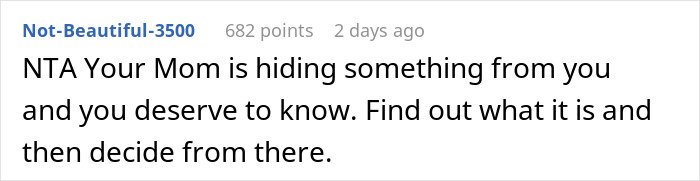 Reddit comment highlighting conflict over daughter getting a DNA test, emphasizing mom's opposition and suspicion.