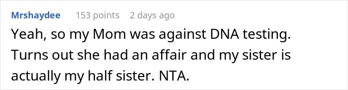 Comment about mom being against daughter getting a DNA test, revealing family secrets and half-sister discovery.