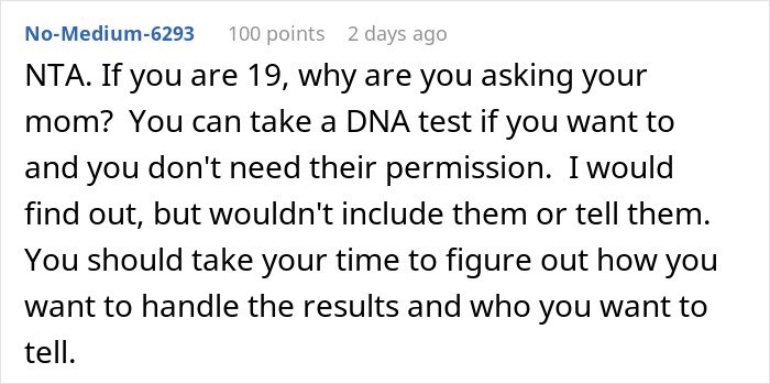 Comment advising a 19-year-old to take a DNA test without needing mom’s permission or involvement.