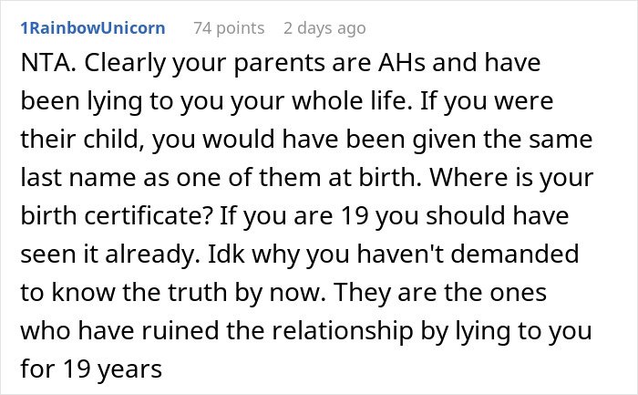 Comment discussing a mother strongly against a daughter getting a DNA test while the daughter wants to know the truth.