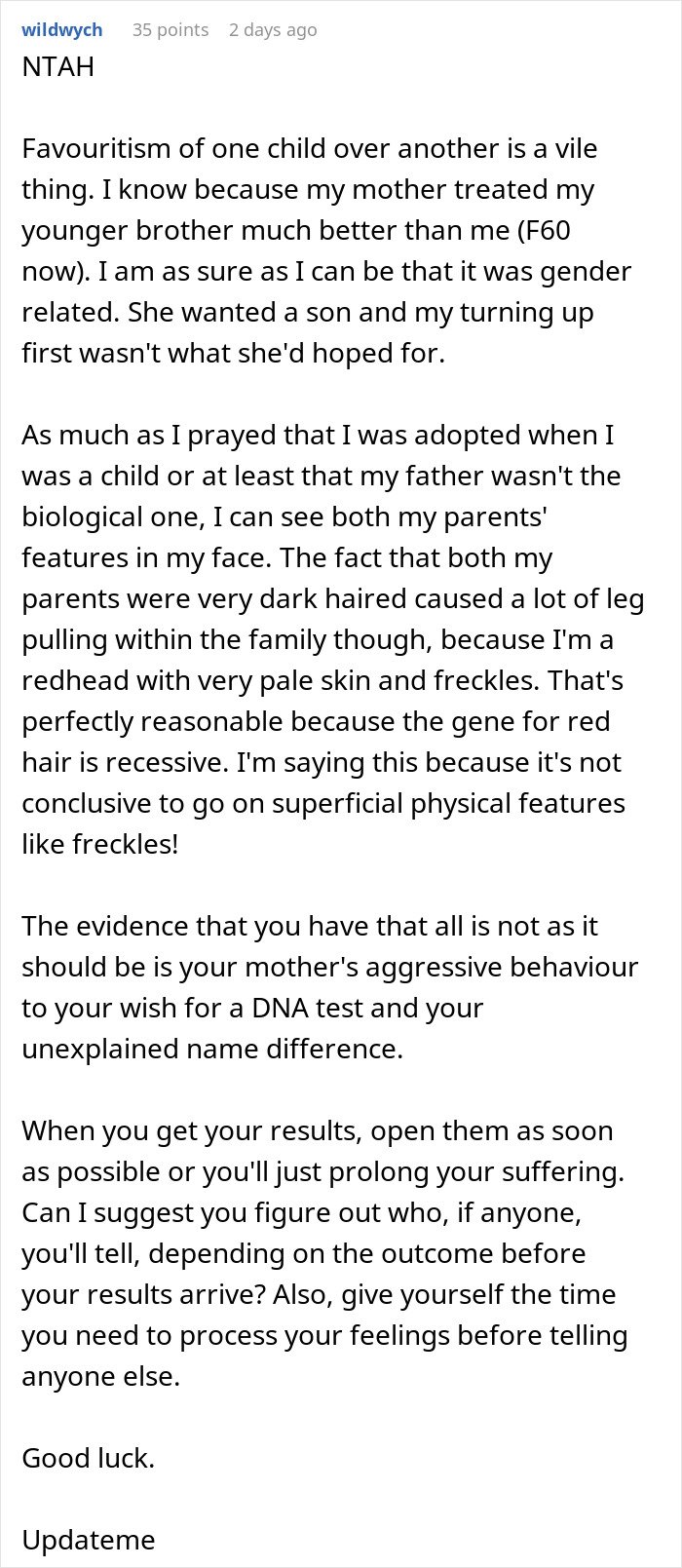 Comment discussing a mother strongly opposing a daughter's DNA test, increasing her desire to take it even more.