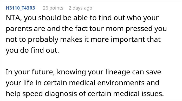 Excerpt from online forum discussing daughter wanting a DNA test despite mom being against it.