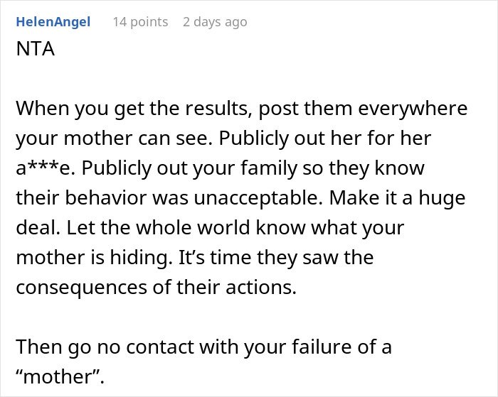 Comment suggesting to publicly share DNA test results to expose a mother against the daughter taking the test.