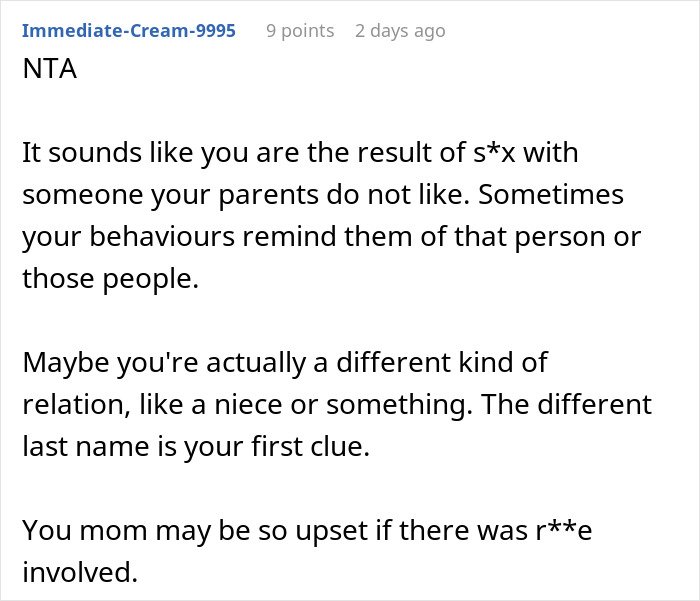 Reddit comment discussing a mother strongly against daughter getting a DNA test revealing family relationship doubts.