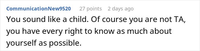 Comment text about a daughter wanting a DNA test, highlighting a mother's strong opposition and increased curiosity.