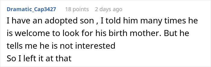 Comment discussing a son adopted and his lack of interest in taking a DNA test to find his birth mother.