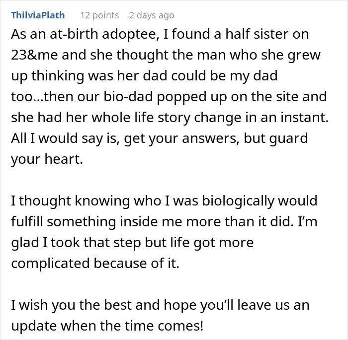 Comment from adopted user sharing experience with DNA test revealing family truth and its emotional impact on life.