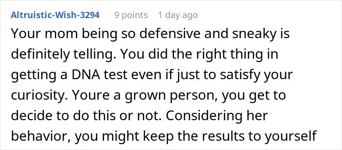 Comment discussing a mom being against her daughter getting a DNA test, making the daughter want it even more.