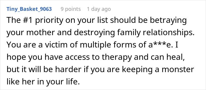 Text post about family conflict involving a mother strongly opposing daughter’s decision to get a DNA test.