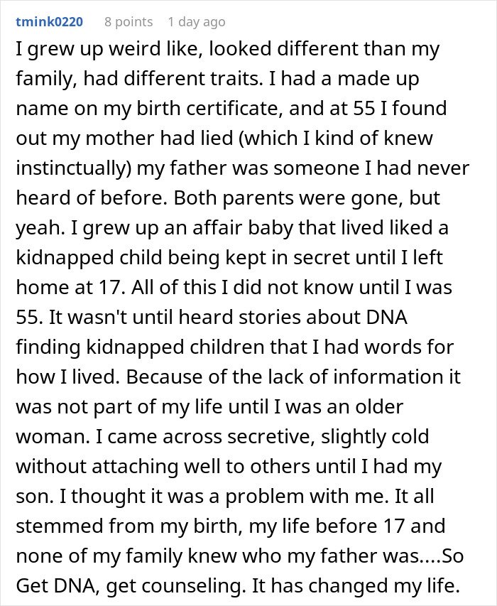 Woman sharing her story about family secrets and the impact of taking a DNA test on her life and identity.