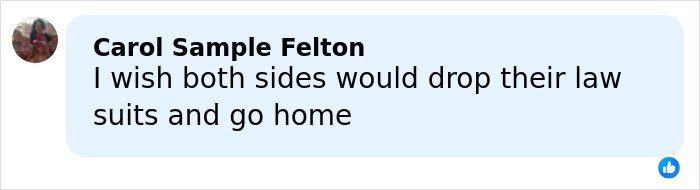 Screenshot of a social media comment expressing a wish for both sides to drop their lawsuits and go home.