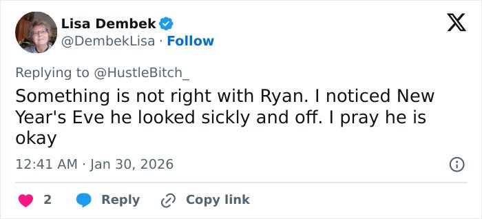 Tweet expressing concern about Ryan Seacrest’s extremely skinny look on his face, highlighting growing Hollywood trend.