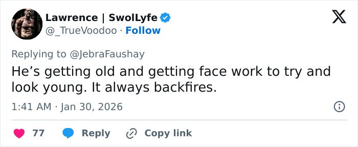 Tweet discussing concerns about Ryan Seacrest’s extremely skinny look and the growing Hollywood facial trend.