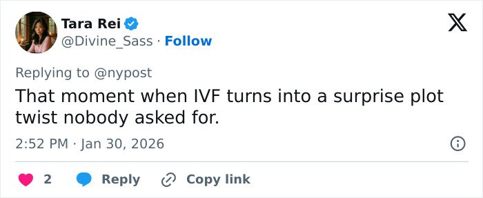 Screenshot of a tweet describing an unexpected IVF fertility clinic mix-up resulting in parents receiving another couple’s child.