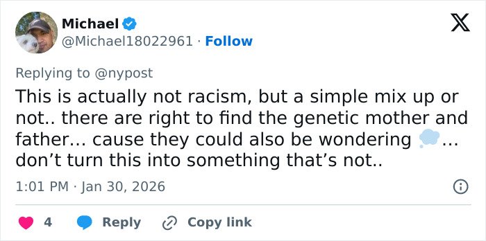 Tweet screenshot showing a user discussing a fertility clinic mix-up involving delivery of another couple’s child.