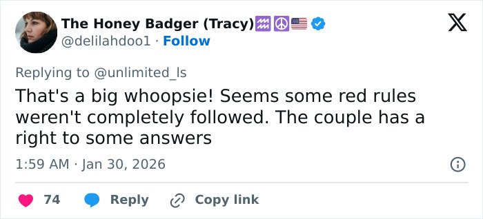 Tweet by The Honey Badger commenting on a fertility clinic mix-up that led to parents suing after child delivery error.