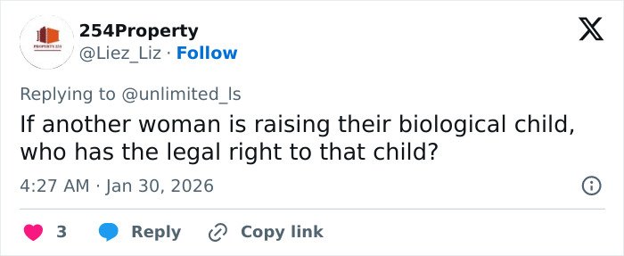 Tweet questioning legal rights when another woman is raising a biological child after a fertility clinic mix-up case.
