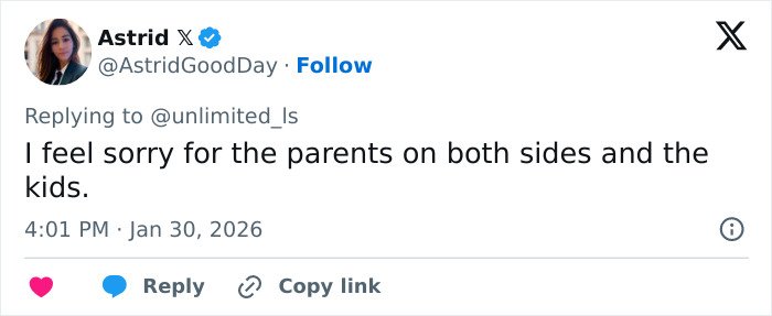 Tweet from Astrid expressing sympathy for parents and kids affected by a fertility clinic mix-up causing child delivery errors.
