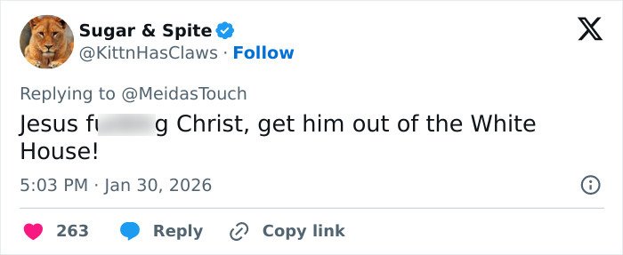 Tweet expressing outrage over Trump Epstein victim claims, calling for his removal from the White House.