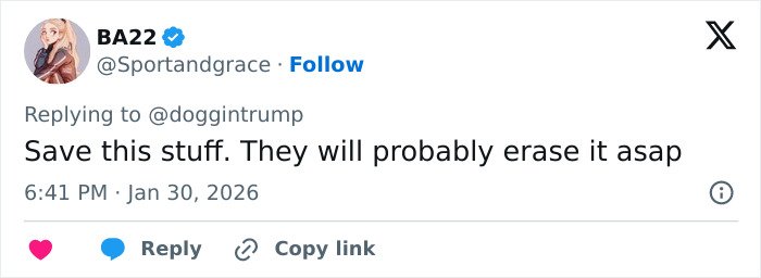 Tweet by user BA22 warning that information about Epstein victim claims involving Trump may be erased soon.