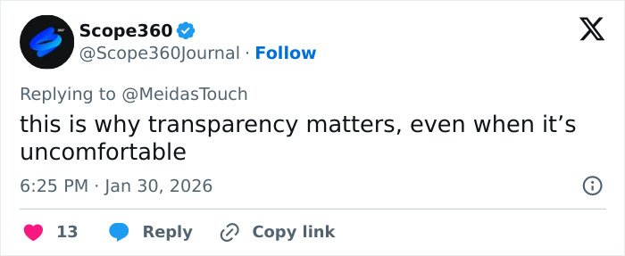 Tweet from Scope360 on transparency, discussing new files about 13-year-old Epstein victim claiming Trump involvement.