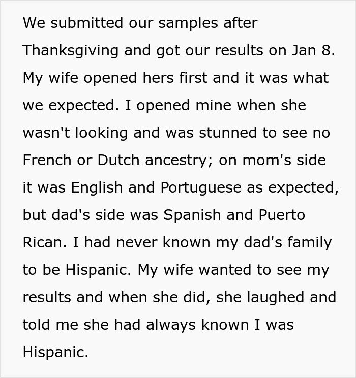 Man discovers secret family and Hispanic ancestry after wife pressures him to take a fun ancestry test.