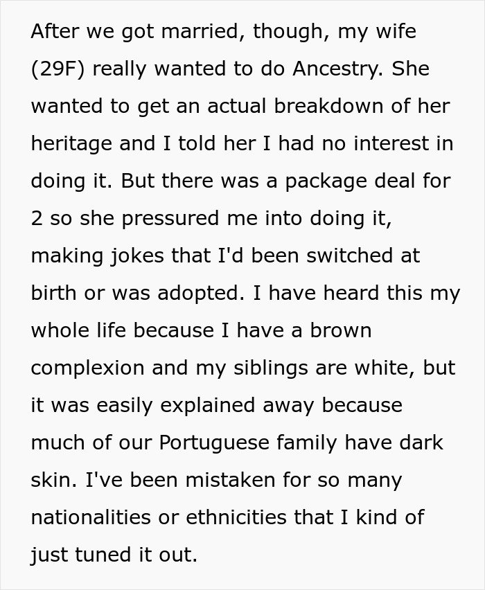 Man with brown complexion pressured by wife to do ancestry test, discovering unexpected family heritage and ethnicities.