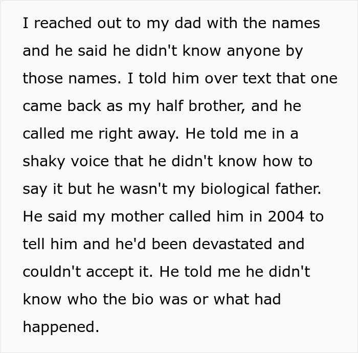 Text revealing a man finds out about a secret family after taking an ancestry test pressured by his wife.