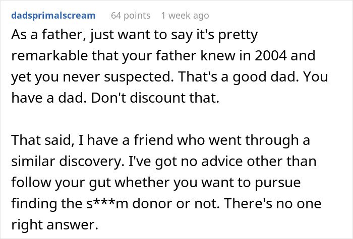 Screenshot of a Reddit comment discussing a man discovering a secret family after an ancestry test prompted by his wife.