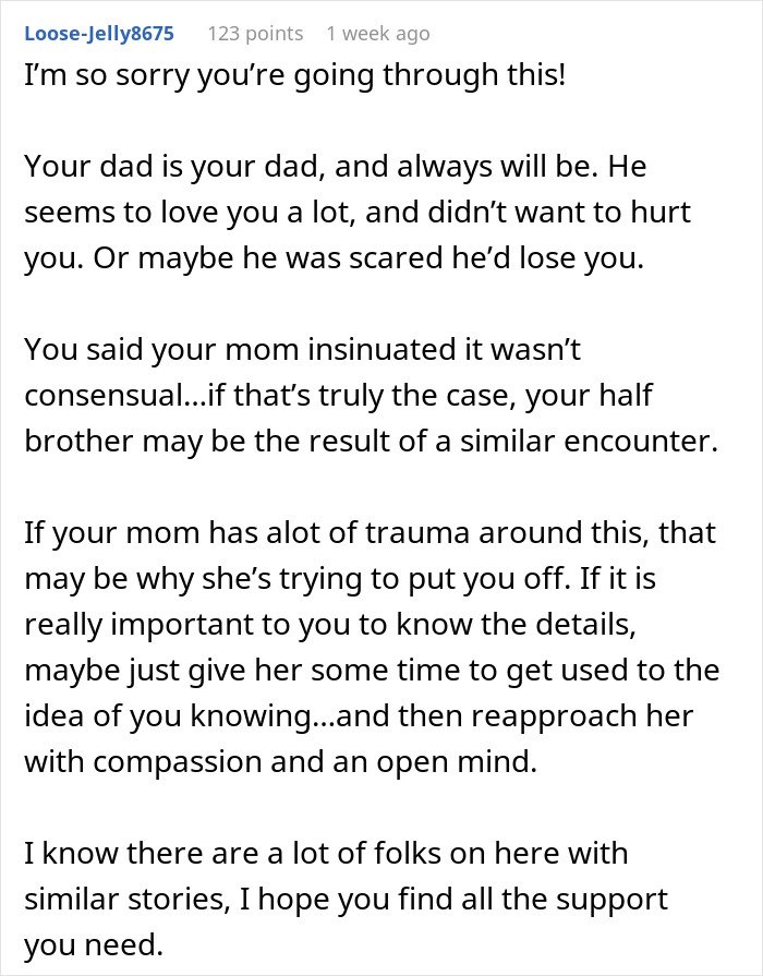 Comment expressing sympathy and advice about coping with discovering a secret family after an ancestry test pressure.