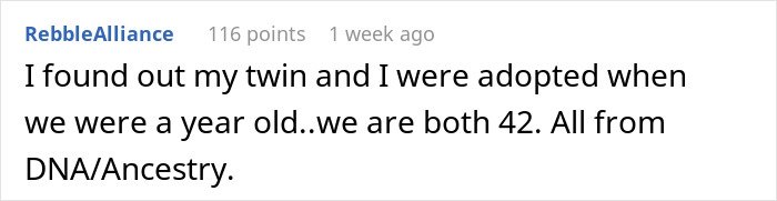 Comment discussing discovery of a secret family through ancestry DNA test after wife&rsquo;s suggestion for fun.